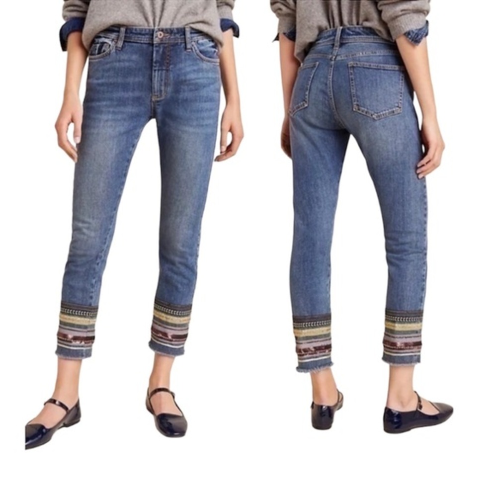 Pilcro and the Letterpress Indigo Straight Leg Jeans with Patterned Hem